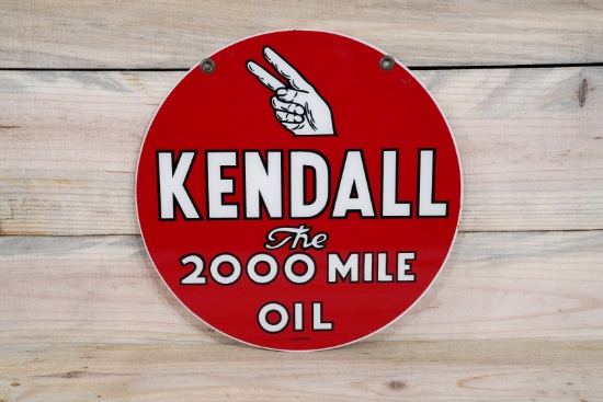 1954 Kendall "The 2000 Mile Oil" w/ Logo Double Sided Tin Metal Sign TAC 9.25 & 8.9