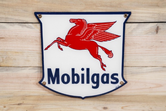 1947 Mobilgas Pegasus Single Sided Porcelain Pump Sign TAC 9.5