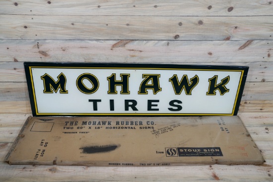 New Old Stock Mohawk Tires Single Sided Embossed Tin Sign & Original Box TAC 9