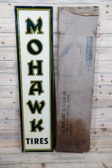 New Old Stock Mohawk Tires Single Sided Tin Embossed Metal Vertical Sign & Original Box TAC 9