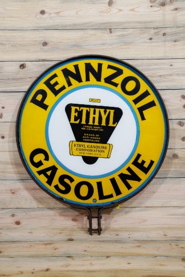 30" Pennzoil Gasoline w/ Ethyl Logo Double Sided Porcelain Sign & Ring TAC 9
