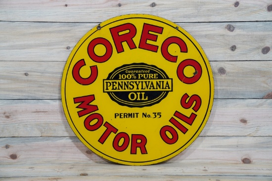 24" Coreco Motor Oils w/ Seal Logo Double Sided Porcelain Sign TAC 8.9 & 8.5