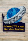 Goodyear Service Station w/ World in Tire Logo Porcelain Diecut Flange Sign TAC 8