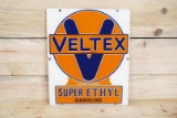 Veltex Super Ethyl Gasoline Single Sided Porcelain Pump Sign TAC 9.75