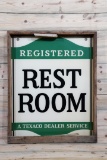 New Old Stock Texaco Registered Rest Room Double Sided Metal Sign & Original Crate TAC 9.5