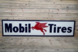 Mobil Tires w/ Pegasus Logo Wood Backed Large Single Sided Embossed Tin Sign TAC 8.75