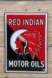 Red Indian Motor Oils w/ Logo Single Sided  Porcelain Sign TAC 8.75