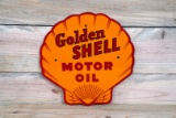 Golden Shell Motor Oil Single Sided Porcelain Clam Shaped Rack Sign TAC 8.5