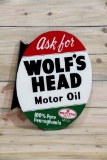 1954 Ask for Wolf's Head Motor Oil Metal Diecut Flange Sign TAC 9.25