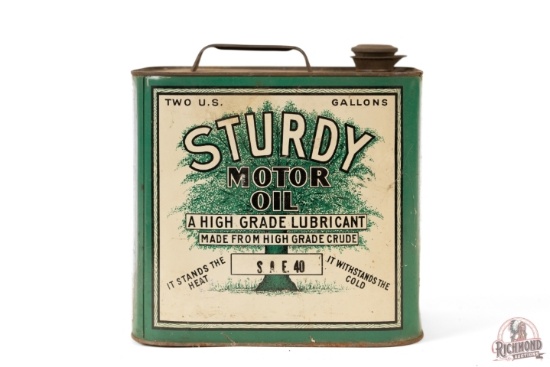 Sturdy Motor Oil & Tree Logo Two Gallon Rectangle Metal Can