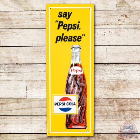 1969 Say "Pepsi Please" w/ Logo & Bottle Metal Sign TAC 9.25