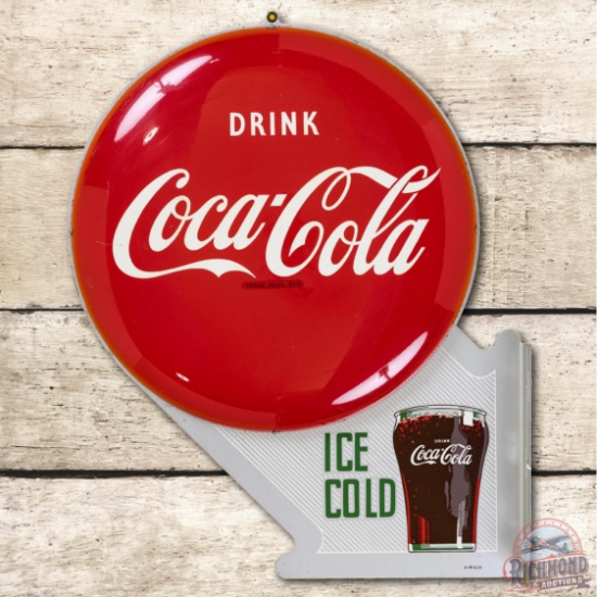 Drink Coca-Cola Ice Cold Metal Flange Sign w/ Buttons TAC 9 & 8.5