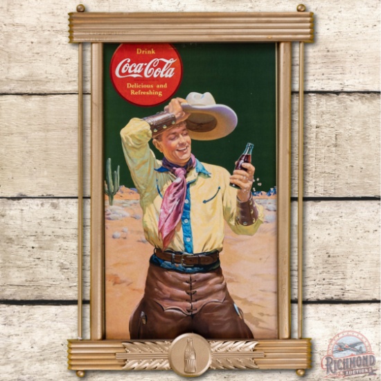 Drink Coca-Cola w/ Cowboy Cardboard Sign & Original Frame TAC 8.5