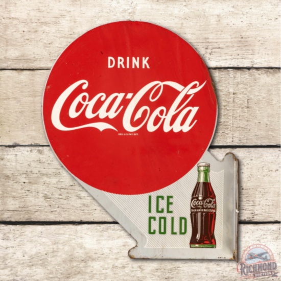 1952 Drink Coca-Cola Ice Cold w/ Bottle Metal Flange Sign TAC 8.5