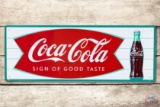 NOS Coca-Cola Fishtail & Bottle Metal Sign TAC 9.75