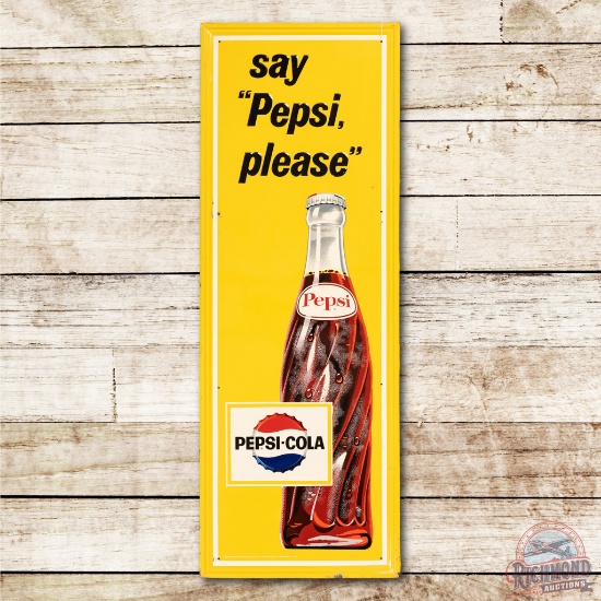 1965 Say Pepsi Please w/ Bottle & Cap Embossed Tin Sign