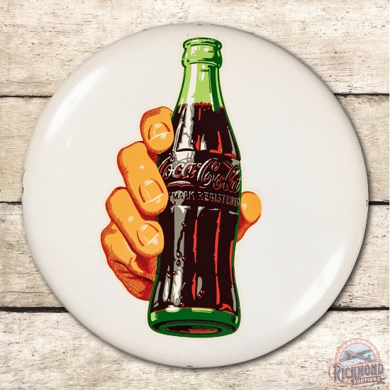 16" Coca Cola Hand & Bottle Aluminum Button Sign
