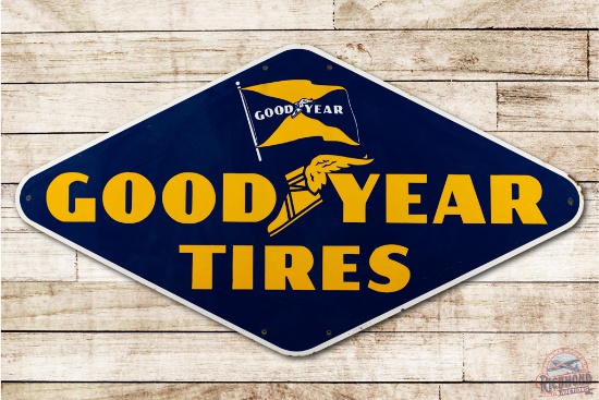 6' Goodyear Tires Porcelain Sign w/ Wingfoot and Flag Logos