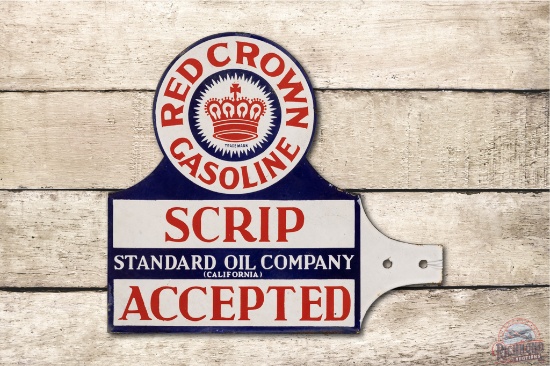 Standard Oil Red Crown Gasoline Scrip Accepted Double Sided Porcelain Paddle Sign