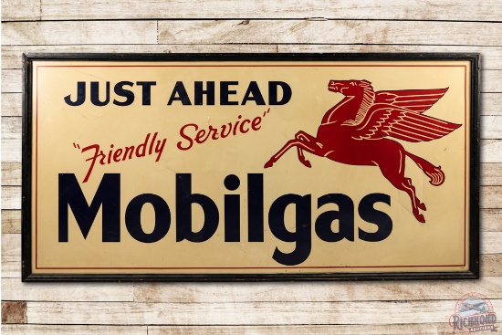 Rare 8' Mobilgas Just Ahead Friendly Service Tin Sign & Original Wood Frame