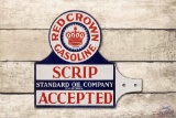 Standard Oil Red Crown Gasoline Scrip Accepted Double Sided Porcelain Paddle Sign