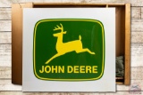 NOS John Deere w/ Leaping Deer Logo Metal Dealership Sign & Original Crate