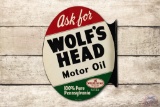 NOS 1954 Ask for Wolf's Head Motor Oil Tin Flange Sign