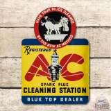 Rare 1936 Registered AC Spark Plug Cleaning Station Blue Top Dealer Tin Flange Sign