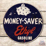 Money-Saver Ethyl Gasoline Tin Pump Plate Sign w/ Piggy Bank