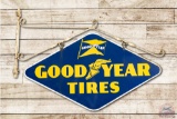 4' Goodyear Tires w/ Flag & Wingfoot Double Sided Porcelain Sign & Original Hanger