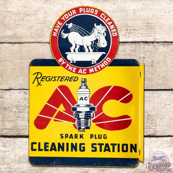 1945 Registered AC Spark Plug Cleaning Station DST Flange Sign w/ Sparky Art, Antiques