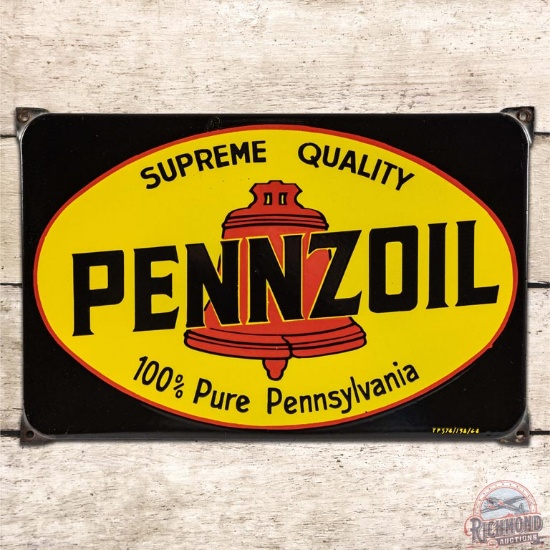 Pennzoil Supreme Quality 100% Pure Pennsylvania SS Porcelain Sign w/ Red Bell
