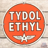 Tydol Ethyl SS Porcelain Gas Pump Plate Sign w/ Flying A Logo