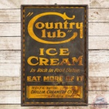 Early Country Club Ice Cream Embossed SST Sign w/ Wood Frame
