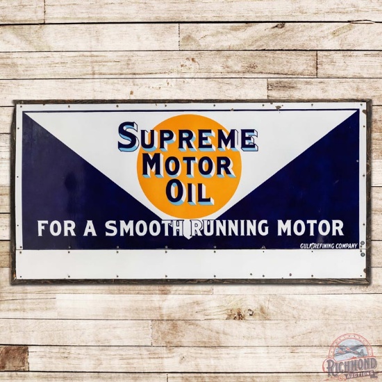NOS Gulf Supreme Motor Oil "For a Smooth Running Motor" 2 Piece SS Porcelain Sign