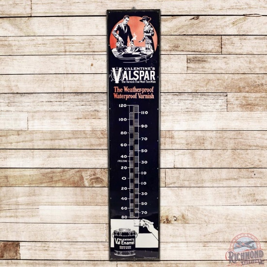 Rare Valentine's Valspar Varnish Enamel 8' SS Porcelain Thermometer Sign w/ Graphics