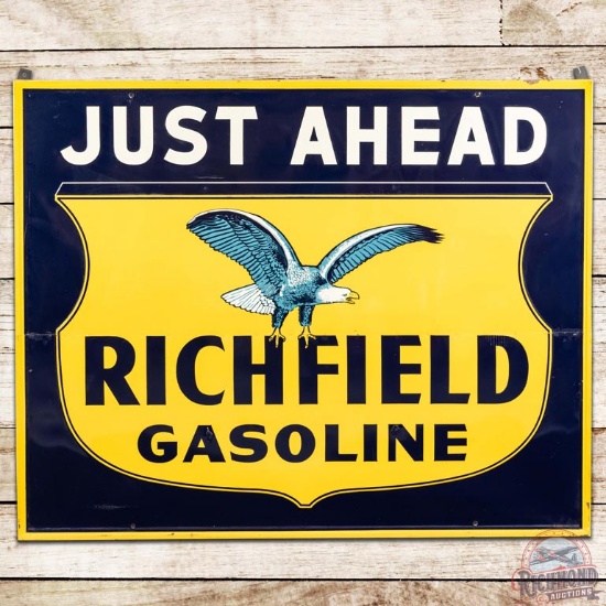 Richfield Gasoline Just Ahead Embossed SST Sign w/ Eagle
