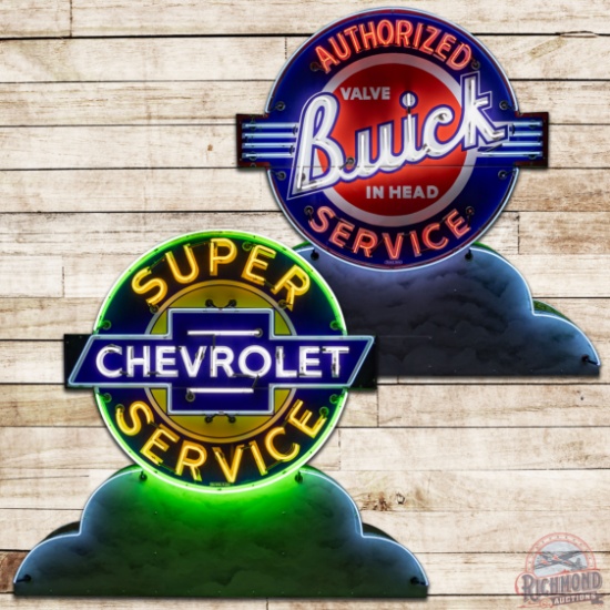 Exceptional Chevrolet Super Service & Buick Valve In Head DS Porcelain Neon Sign w/ Clouds