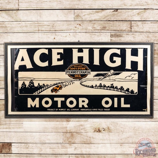 8' Ace High Motor Oil Wood Framed SST Sign w/ Graphic Car Plane Scene