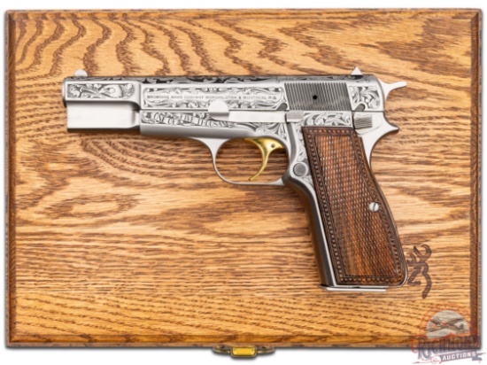 Engraved 1985 Belgian Browning Hi-Power 9mm Classic 1 of 5000 Semi-Auto Pistol & Presentation Case