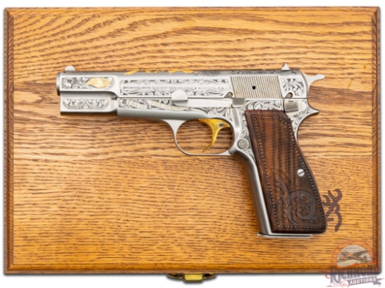 Engraved 1984 Belgian Browning Hi-Power 9mm Gold Classic 84 of 500 Semi-Auto Pistol w/ Oak Case