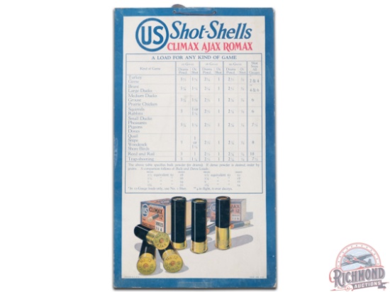 US Shot-Shells "A Load For Any Kind Of Game" Hanging Cardboard Chart Sign