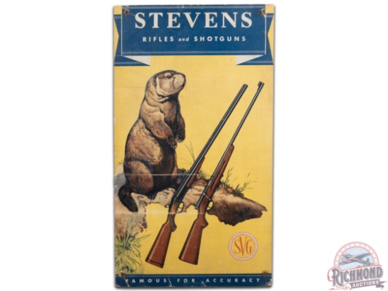 Stevens Rifles & Shotguns "Famous For Accuracy" Cardboard Easel Back Sign w/ Groundhog