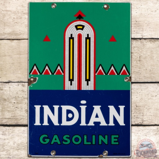 1940 Indian Gasoline SS Porcelain Pump Plate Sign "Small"