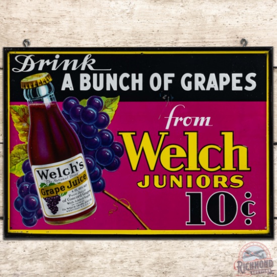 1931 Welch Juniors "Drink a Bunch of Grapes" Embossed SS Tin Sign w/ Bottle