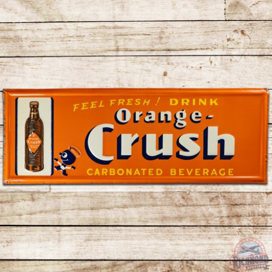 1948 Feel Fresh! Drink Orange Crush Emb. SS Tin Sign w/ Crushy & Bottle