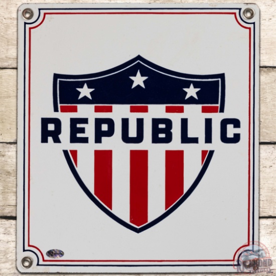 Republic Gasoline SS Porcelain Pump Plate Sign w/ Shield Logo