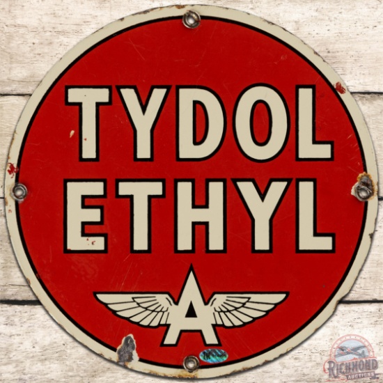 Tydol Ethyl Gasoline SS Porcelain Pump Plate Sign w/ Flying A Logo