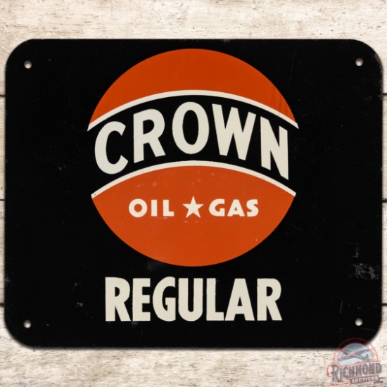NOS Crown Oil Gas Regular SS Tin Pump Plate Sign w/ Logo