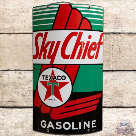 1940 Texaco Sky Chief Gasoline Curved SS Porcelain Gas Pump Plate Sign
